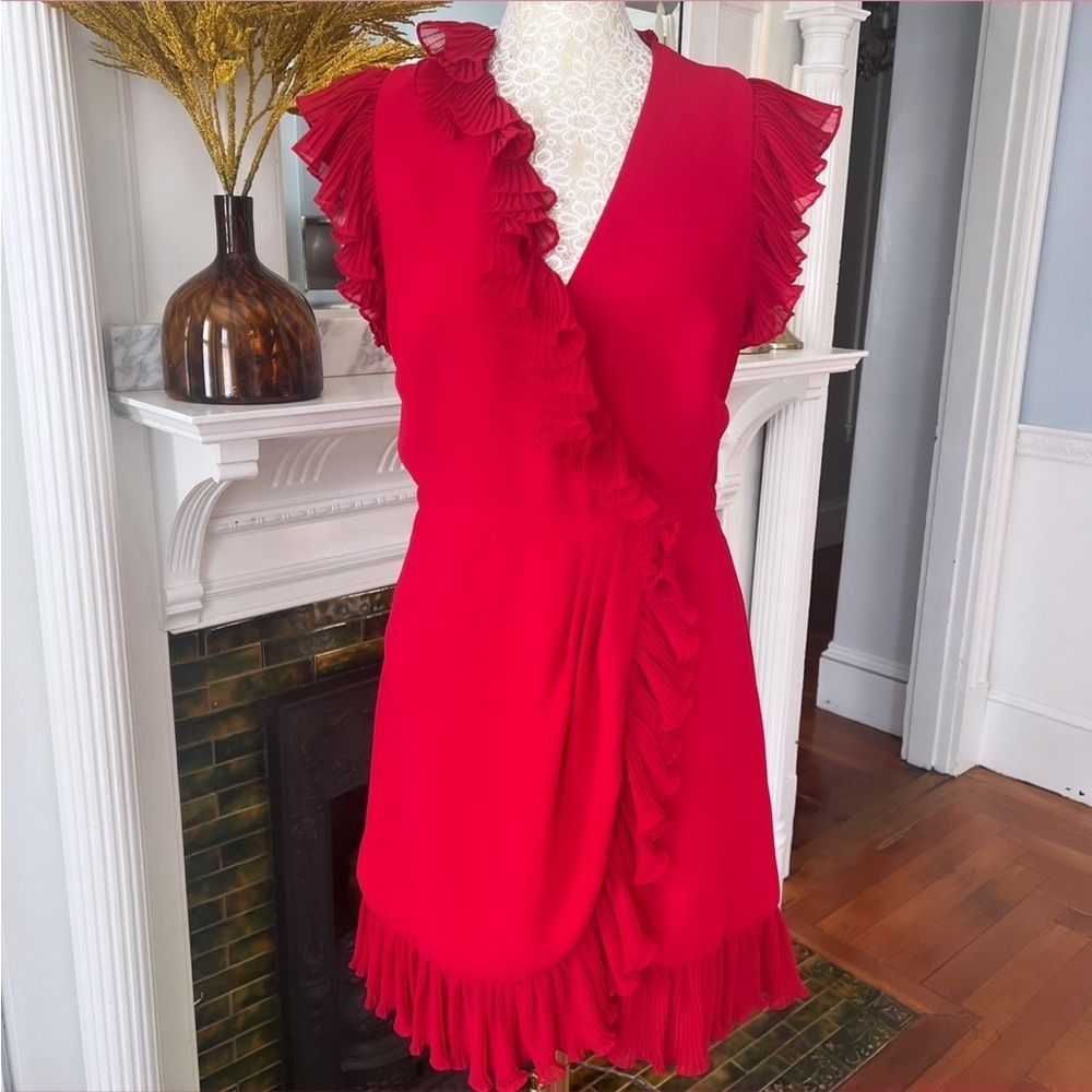 JILL STUART Red Flutter Ruffle Trim V-Neck Mini Dress‎ Size 6 - Picture 3 of 14